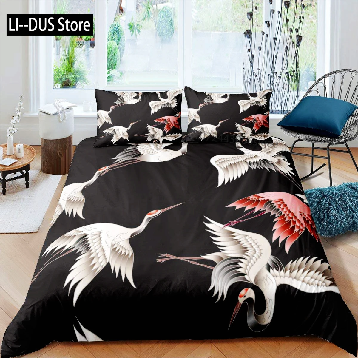 

Crane Duvet Cover Set Queen Size Japanese-Style Bedding Set Cherry Blossoms Pattern Women Girls Japanese Traditional Quilt Cover