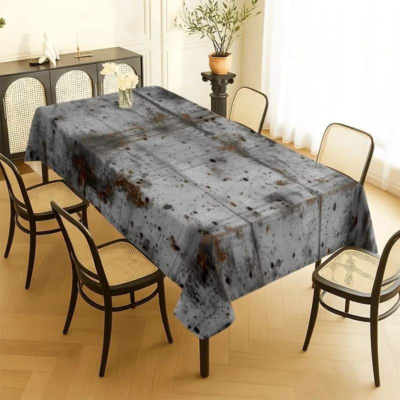 Printed grey concrete texture, with rust stains and water marks, an industrial-style tablecloth.