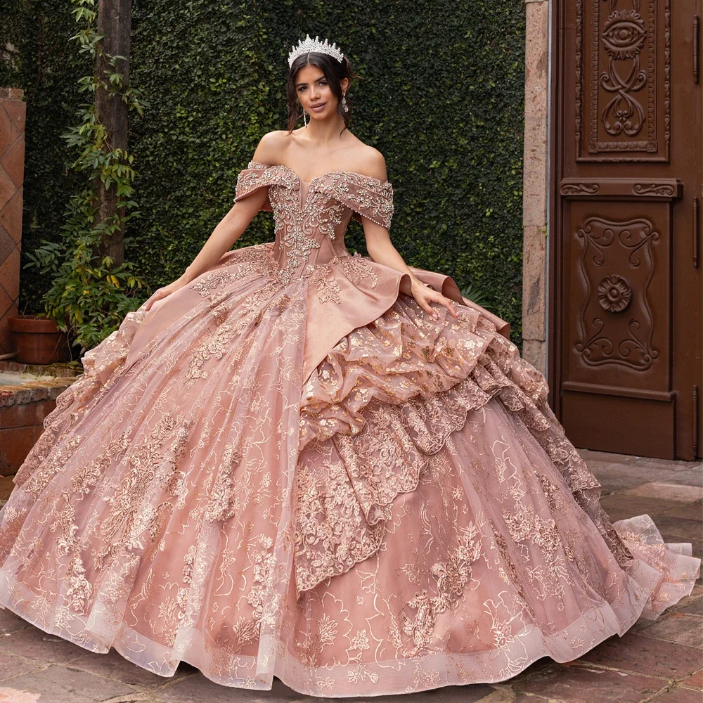 Customized Luxury Sparkling Pink Princess Ball Dress Off Shoulder Lace Bead Graduation Dress A-line Party Evening Dress