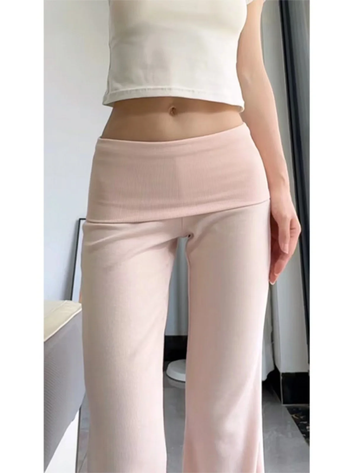 

Розовые женские летние тонкие спортивные брюки для йоги с низкой посадкой, свободные, повседневные, прямые, эластичные, с высокой талией