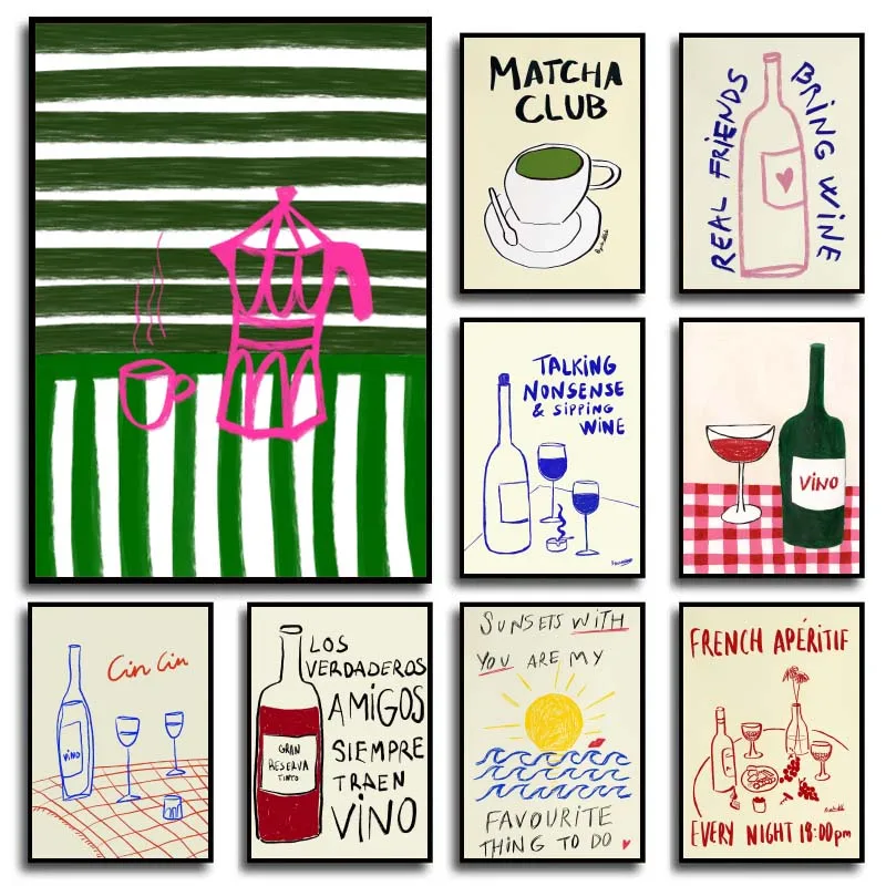 1pc frameless Canvas Painting Colorful Drawings Abstract Art Food Posters Canvas Decorations Painting Coffee Tea Wine Vintage Ro