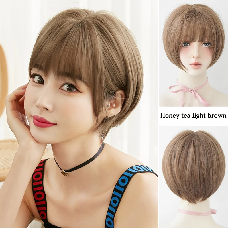 ลดล้างสต๊อก: บ๊อบสั้น 12 นิ้ว มีหน้าม้า ชาฮันนี่ ผมสังเคราะห์สีลินิน เหมาะสำหรับวิกผมปาร์ตี้ทุกวันของผู้หญิง