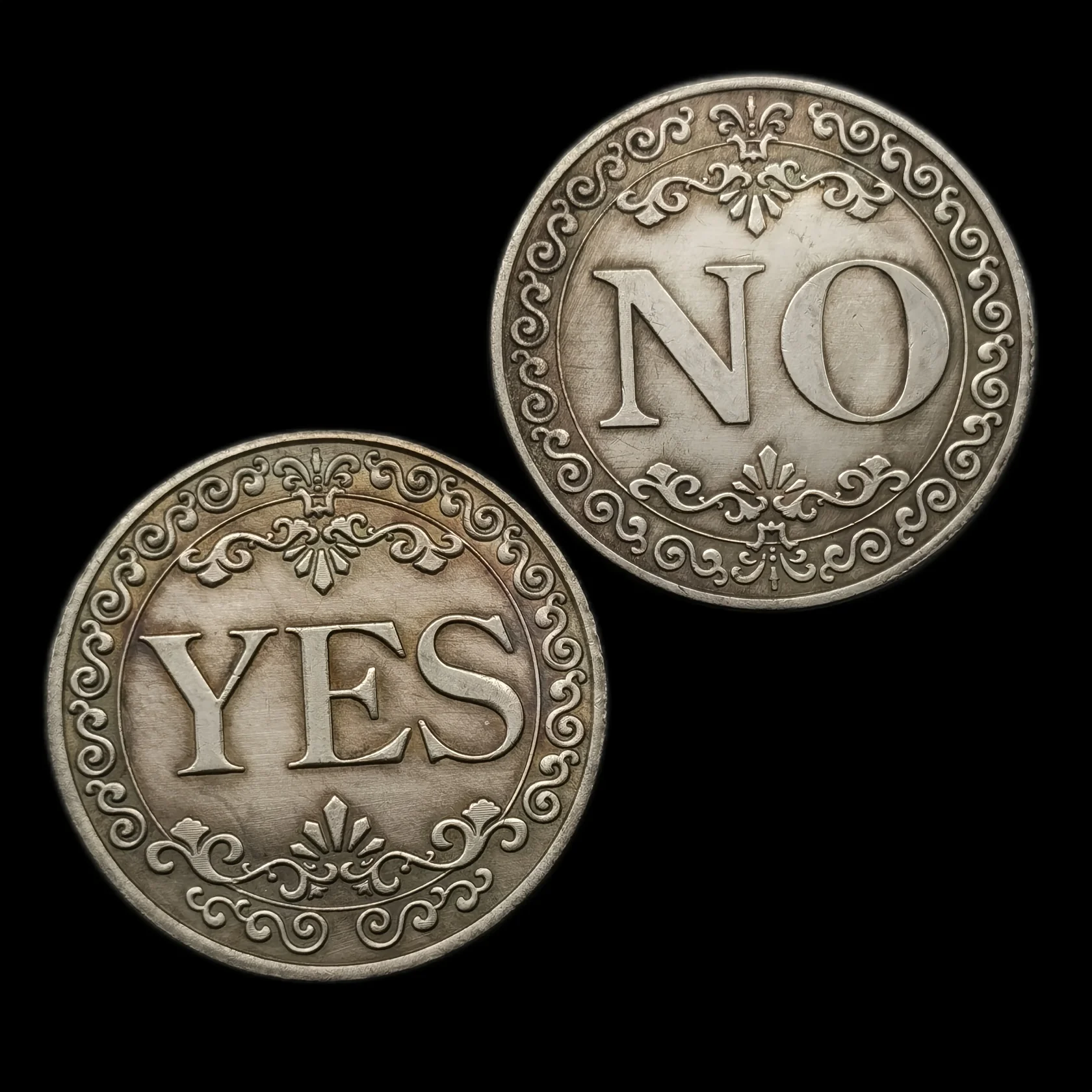 Double-Sided YES/NO Decision Maker Lucky Coin Antique Silver Ornate Floral Design Collectible Souvenir Gift Iron Metal Badge