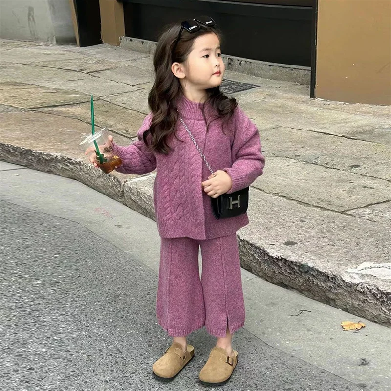 Girls Coat +Pants Kids Suits 2PCS/Set Cotton 2024 Rose Knitting Spring Autumn Cotton Tracksuit Sport Suits Children Clothing