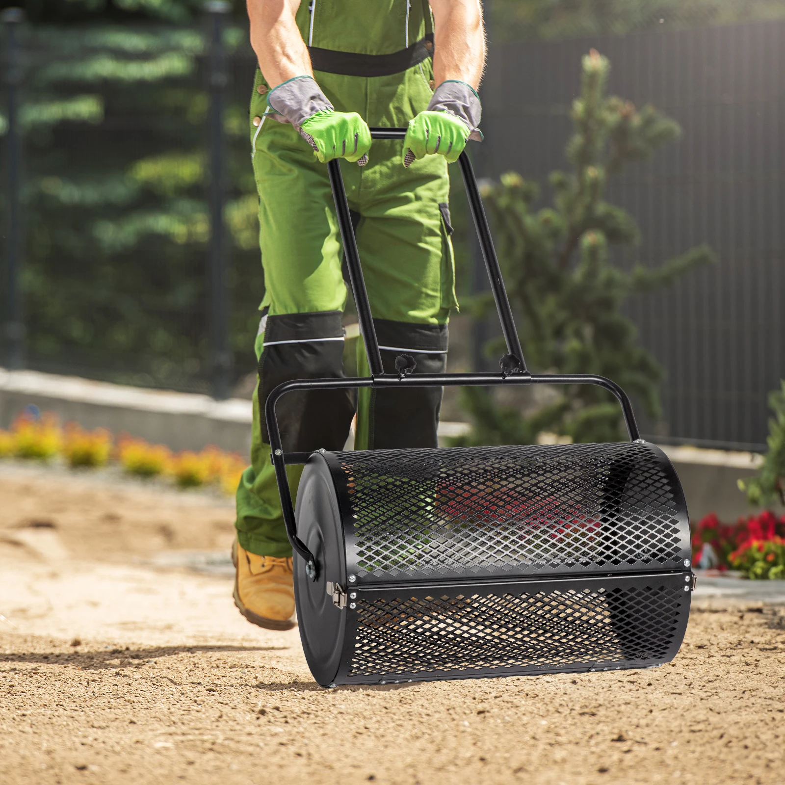 24 inch Compost Spreader for Lawn, Garden Peat Moss Roller with Double Side Latches, Powder Coated Steel Mesh Basket