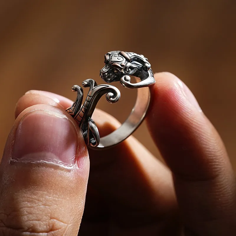 الرجعية القديمة Chilong خاتم الرجال التايلاندية الفضة الدائري الاتجاه الوطني التصميم الإبداعي الراقية افتتاح حلقة #4