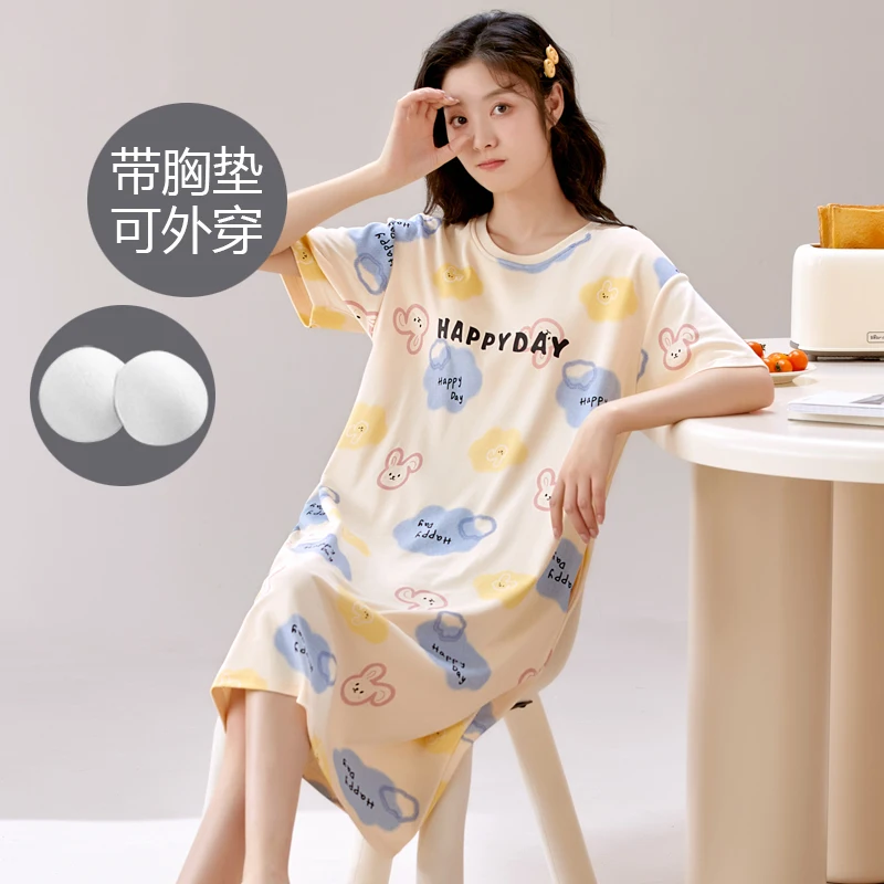 Women's pyjamas summer short-sleeved nightgown cartoon cute loose plus size dress can go out wearing homewear young girls clothe