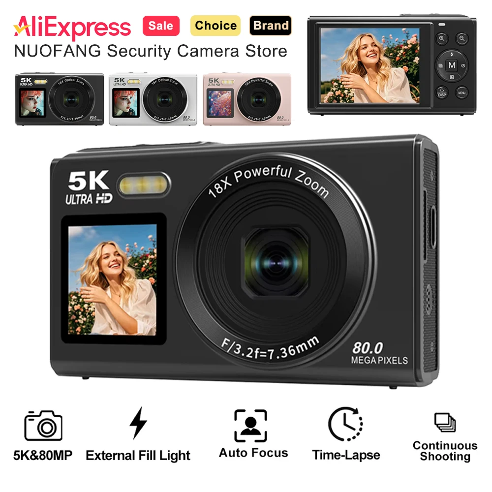 

Цифровая камера 80 МП 5K с двумя экранами - 18-кратный зум, автофокус, селфи-камера для видеоблогинга, портативная компактная камера для путешествий для подростков