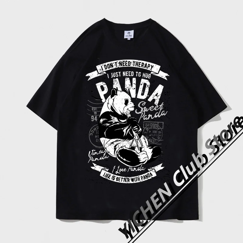 

Motorcycle T-Shirt American Retro Street Rock Panda Print Cotton Short Sleeve Casual Comfortable Loose Men's And Women's T-Shirt