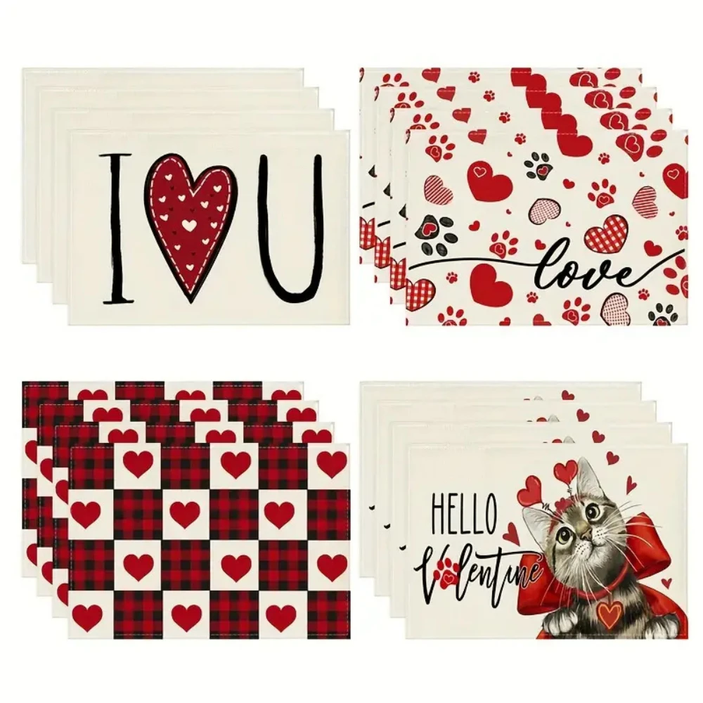 

Love Heart Western Style Linen Placemat Home Decor Kitchen Dining Table Mats Tableware Coffee Cup Mats for Festival Daily Use