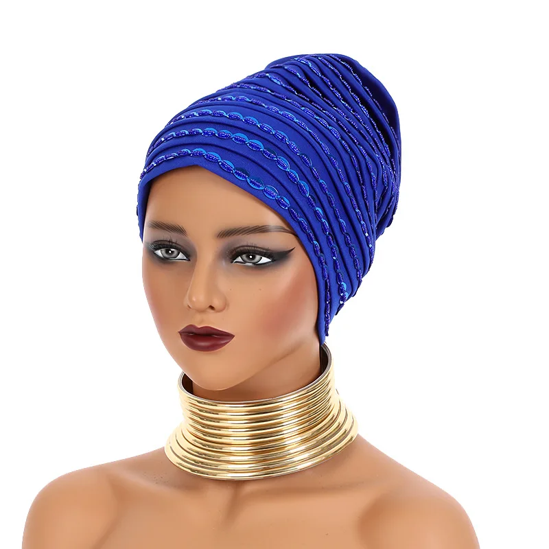 African Women Sequin Turban Hat Beaded Stretch Head Wrap Ladies Muslim Headscarf Soft Elastic Pleated Headwear Party Cap Mujer 6