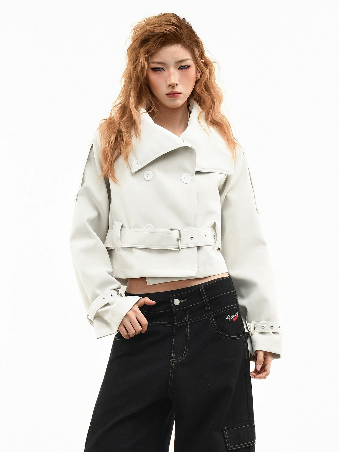 

OV Original American Sle Double Row Button Design PU Leather Jaet Women's Spring Waist Cinched High Collar ort Coat