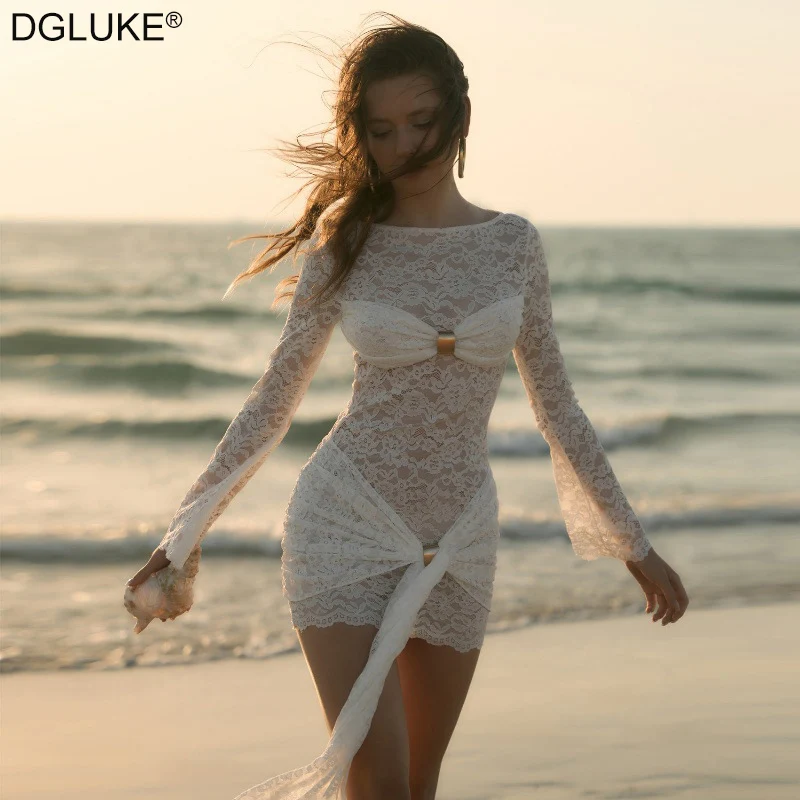 DGLUKE Abito bianco in pizzo a maniche lunghe per donna Mini abito aderente con busto increspato Abito corto sexy drappeggiato da club