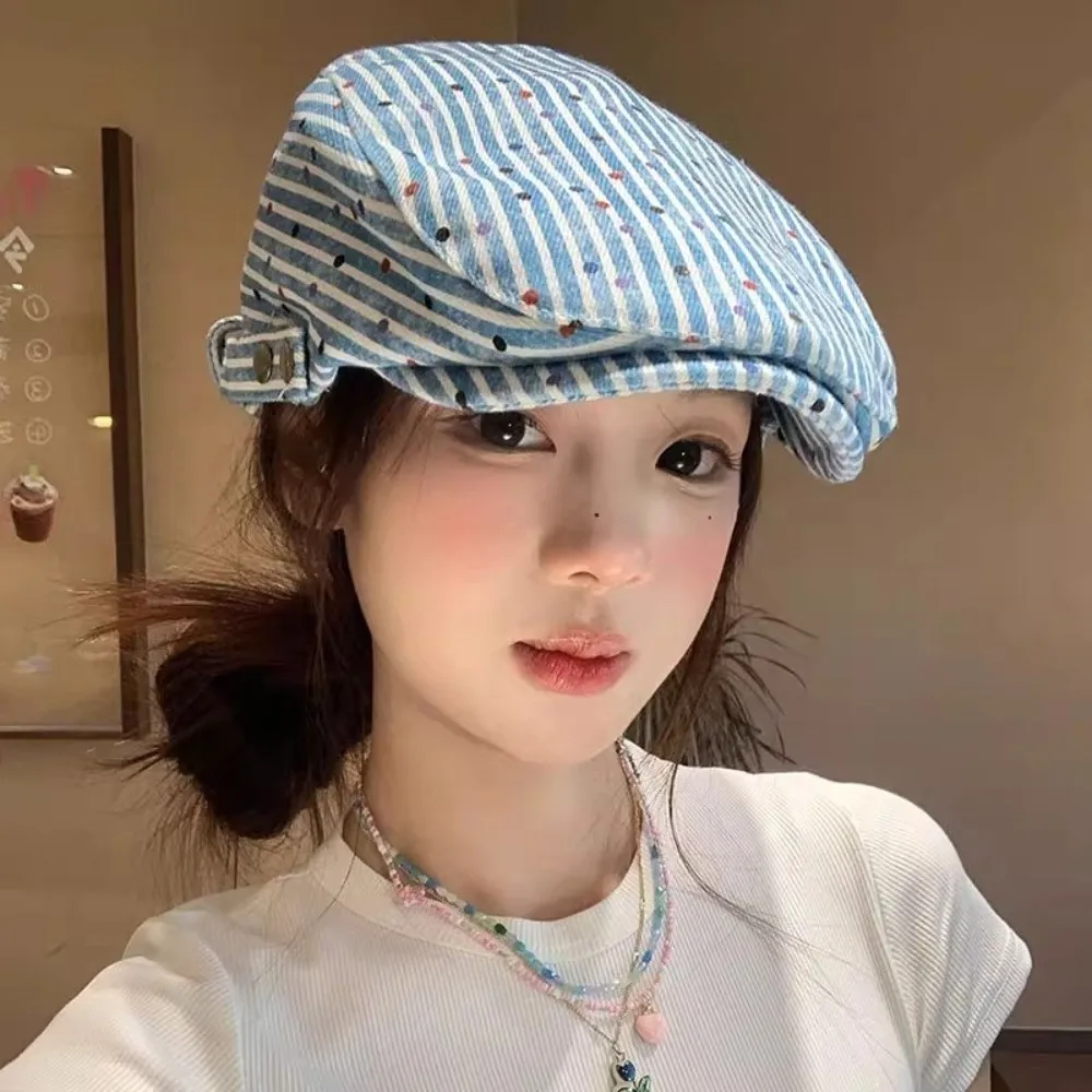 

Fashion Korean Polka Dot Beret Vintage Versatile Stripped Berets Y2k Cloth Painter Cap Streetwear