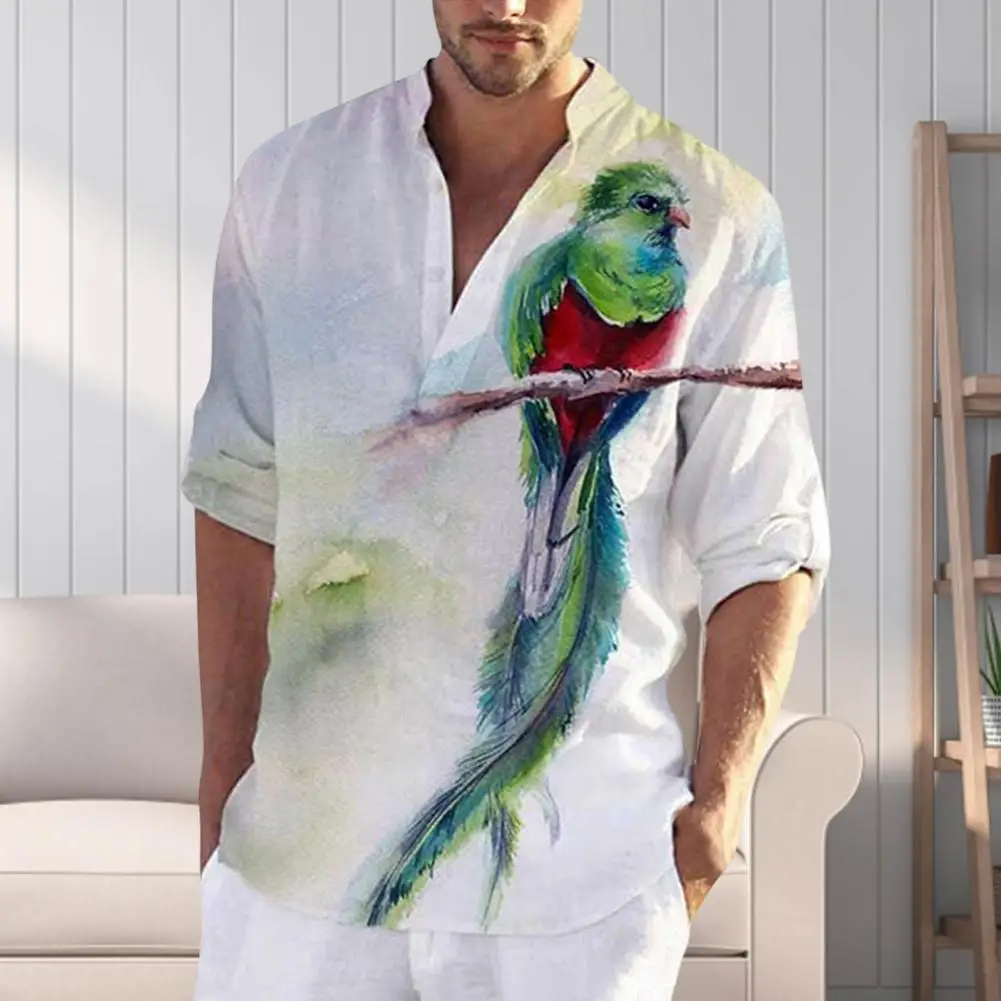 Plus Size Mens Long Sleeve Casual Shirts Male Fashion Top Pullovers Sexy Men clothing 2022 Summer New Feather Birds Print Blouse