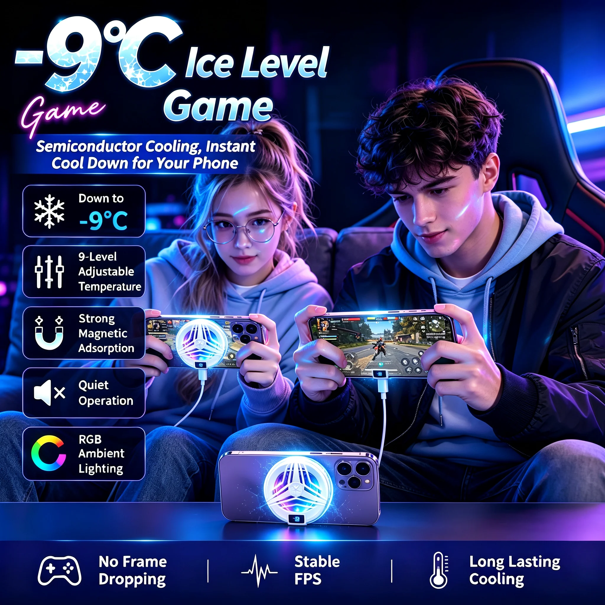 C1 Phone Tablet Cooler Gaming Magnetic Clip Semiconductor Cooling Fan With Digital Display RGB Lights For Redmagic Xiaomi Huawei
