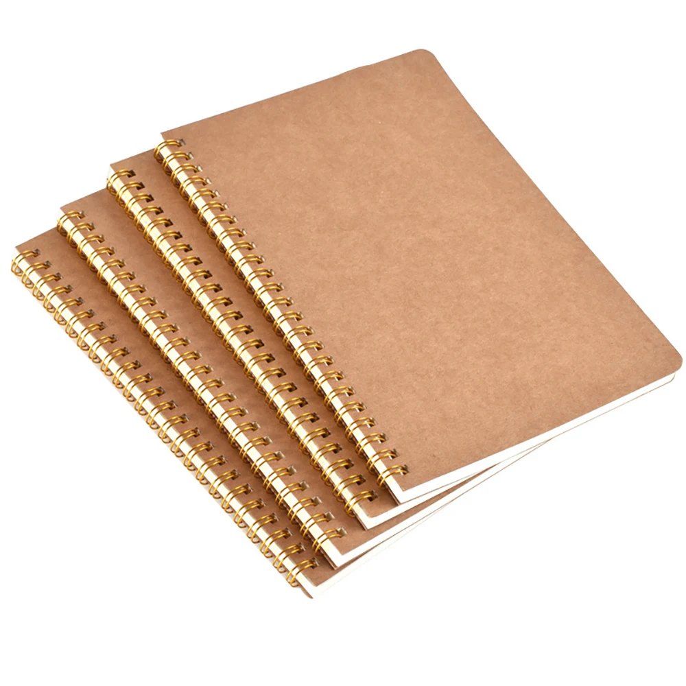 4pcs Coil B5 Notebook Kraft Paper Cover Student Notepad,Grid Horizontal Blank Dotted Inner Pages,Office Learning Supplies