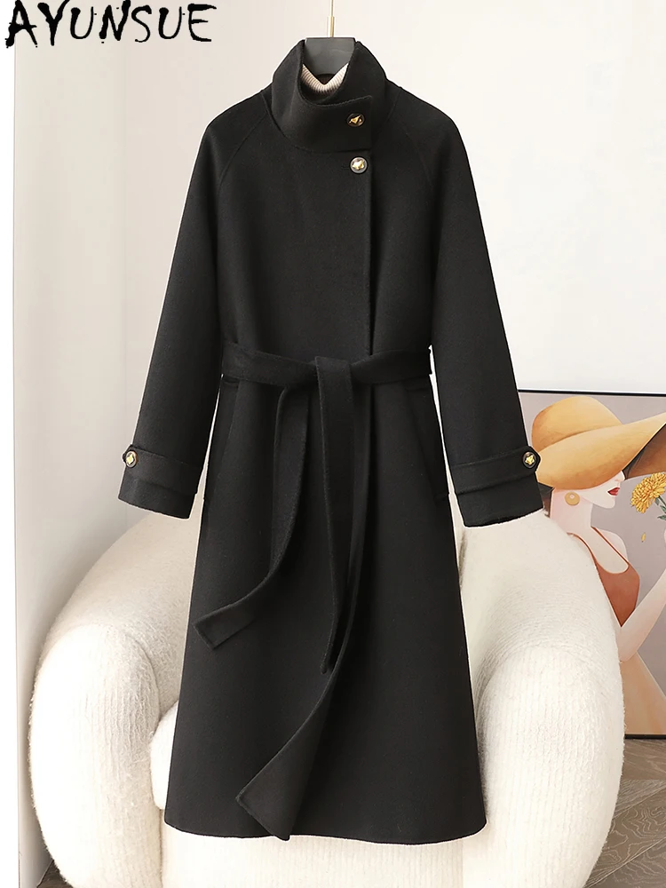 

AYUNSUE 100% Natural Wool Coats for Woman Clothes 2025 Autumn Winter Mid Length Woolen Coat High Quality Outerwears Abrigo Mujer