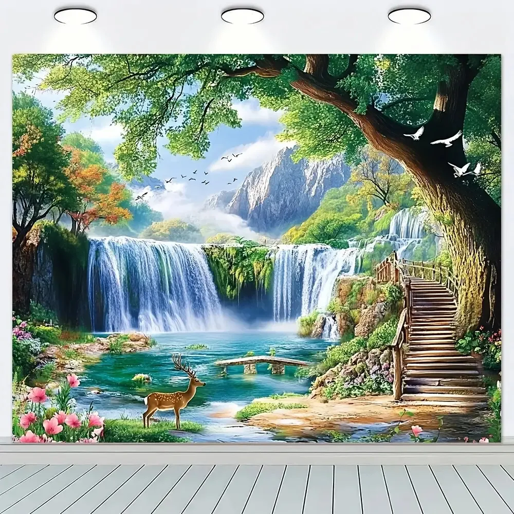 Huge Waterfall Nature Tapestry Forest Landscape Wall Decor Mural Art Realistic Deer River Woodland Wallpaper 180x280cm Home Deco