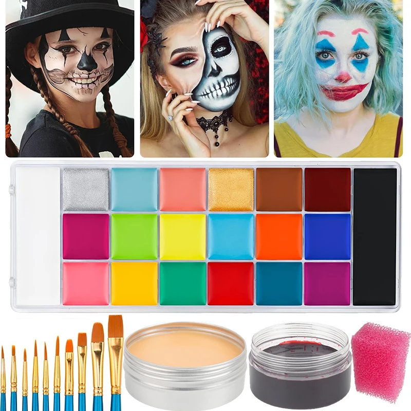 12 Face Painting Kit Body Makeup & 3 Colors Loose Powder Non Toxic Water Paint Oil with Brush Painting Halloween Cosplay Party