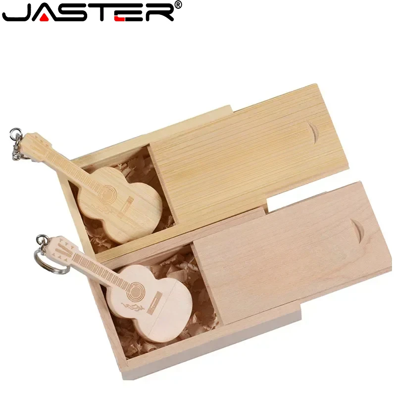 JASTER-Guitar Flash Drive com Caixa de Madeira, Pen Drive com Chaveiro Livre, Memory Stick, USB 2.0, Pretty Gift, Creative, 128GB, 64GB, 32GB