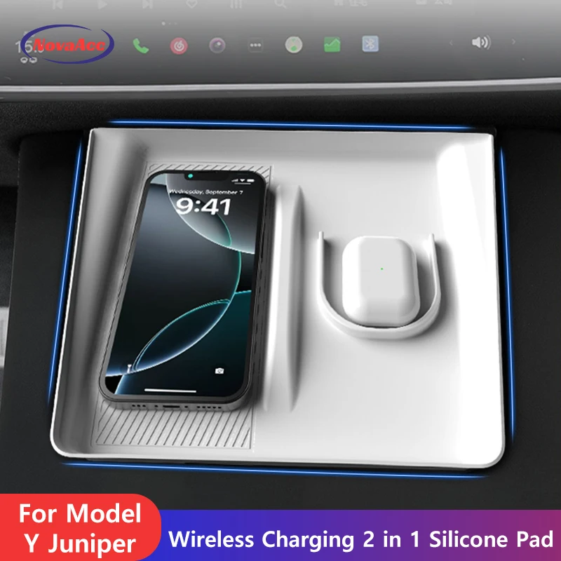 

Автомобильная беспроводная зарядка 2 в 1, силиконовая накладка для Tesla Model Y Juniper 2025, противоскользящий моющийся защитный коврик с центральным управлением
