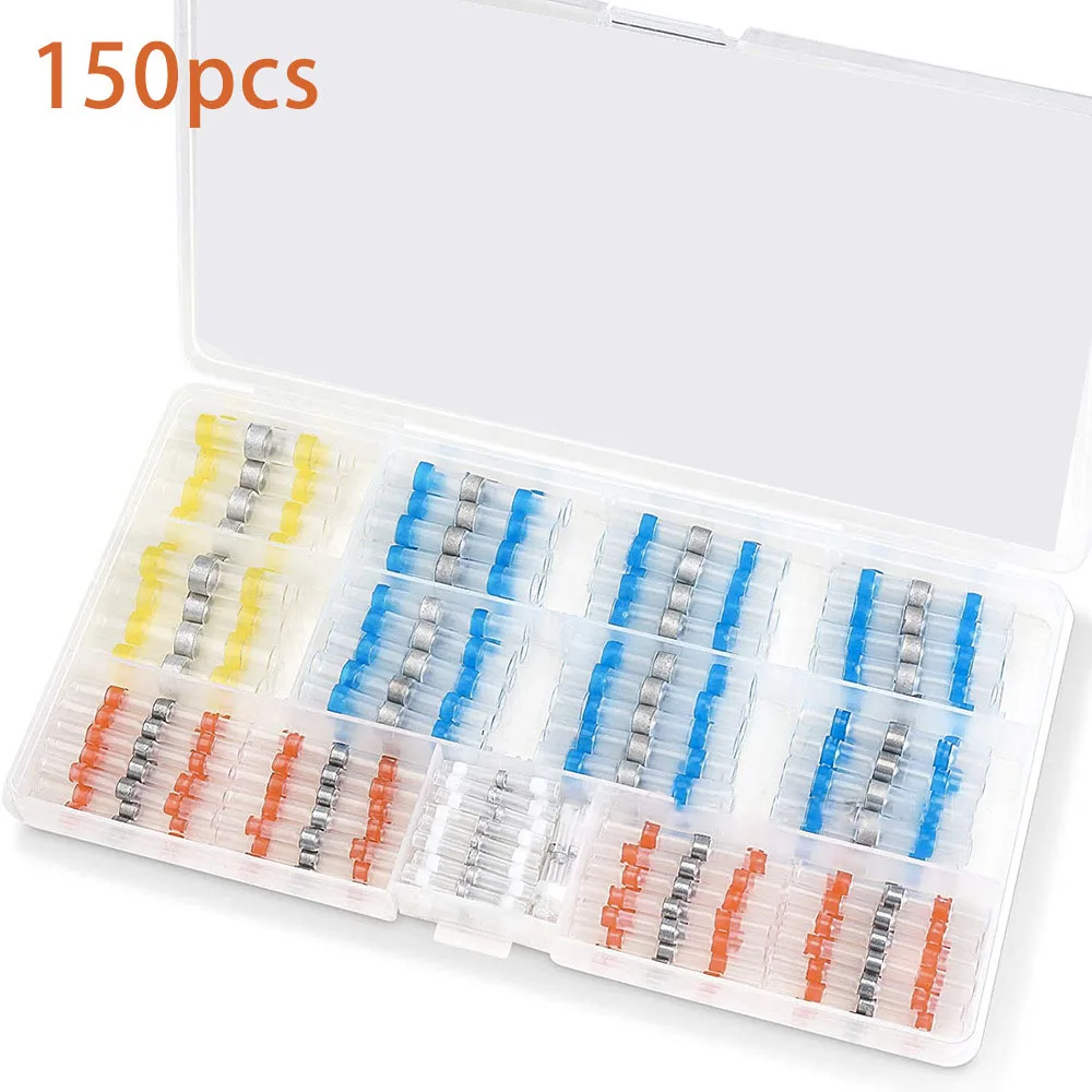 150pcs Solder Seal Wire Connectors Heat Shrink Tubing Butt Wire Connectors Butt Splices Insulated Electrical Wire Terminals Kit