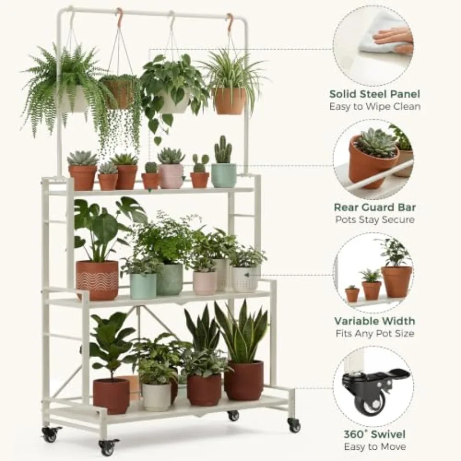 Plant Stand, 4-Tier Foldable Plant Shelf with 3 Shelves and Hanging Rod, Rolling Plant Stand with Wheels, Pre-Assembled Flower