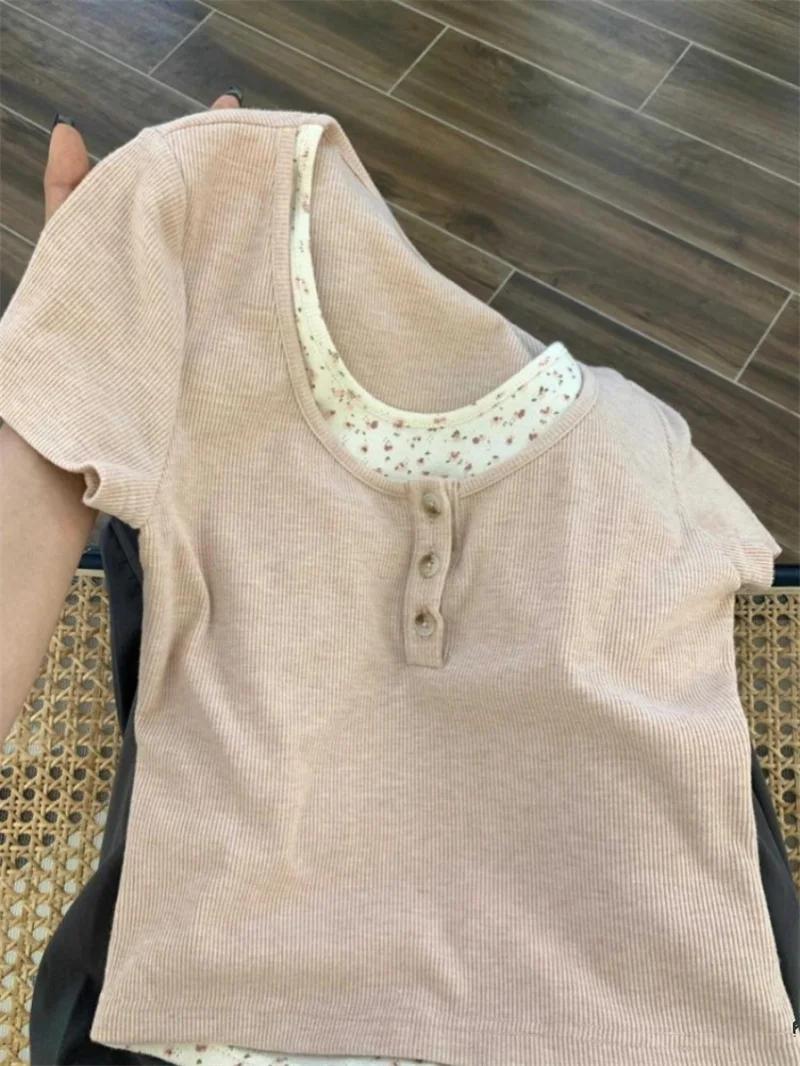 

Summer Floral Print Short Sleeve T-Shirt Fake Two-Piece Design Slimming Short Style Women's Top Korean Commute Style Polyeste...