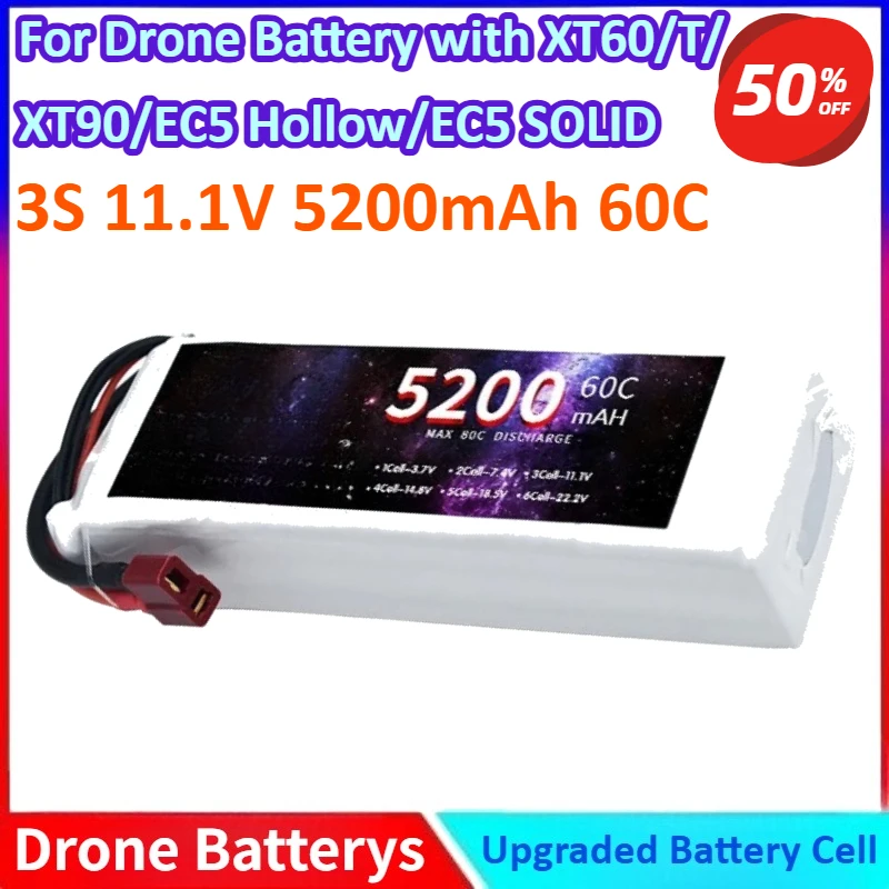 

3S 11.1V 5200mAh 60C Lipo Battery for RC Car Quadcopter Drone Airplane Helicopter with XT60/T/ XT90/EC5 Hollow/EC5 SOLID Plug