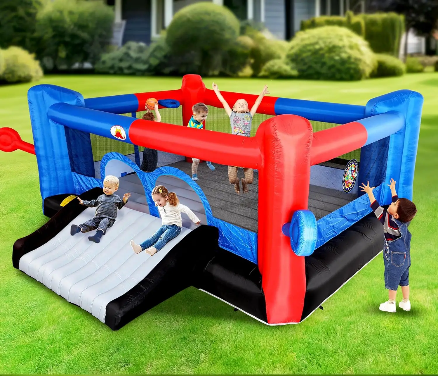 Maison gonflable de rebond avec toboggan, 15,3 pieds x 14,7 pieds, château sautant avec souffleur, fléchettes, double panier de basket-ball, double coup de pied B
