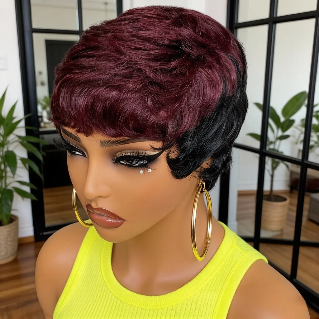 1B 99J Ombre Straight Pixie Cut Wig Full Machine Made Human Hair Wigs for Women, Short Straight Wig Remy Hair Natural