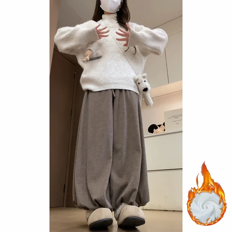Caramel Thick High Waist Bloomer Pants Women's Autumn Winter New Knitted Soft Warm Fleece Long Pants Skirt Style Trousers