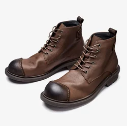 Vintage Business Mens Boots Luxury Genuine Cow Leather Spring Work Shoes 2024 New Style Full Grain Leather Round Toe Ankle Boots