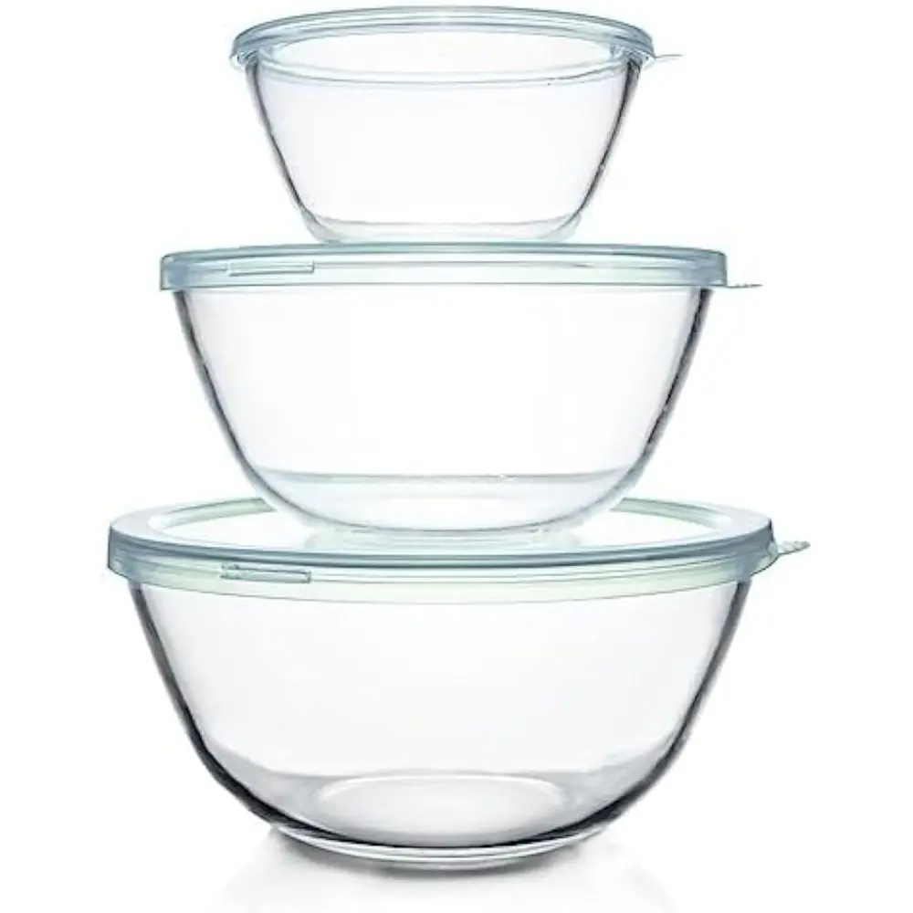 

Набор из 3 стеклянных мисок с крышками - 4.5QT, 2.7QT, 1.1QT, прозрачные, для салатов, приготовления пищи, сервировки, подготовки продуктов, вмещаются друг в друга, можно мыть в посудомоечной машине.