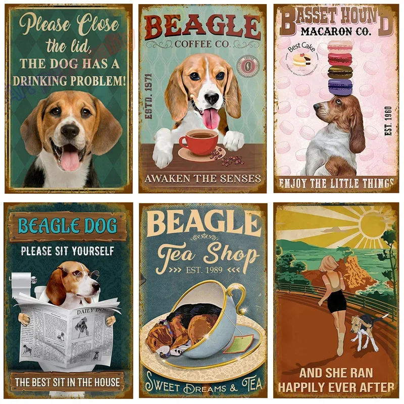 Vintage Beagle Dog Coffee Tea Metal Tin Sign Set Retro Funny Pet Wall Art Decor for Home Kitchen Bar Rustic Iron Painting Plaque