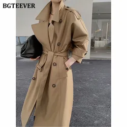 BGTEEVER Vintage Double Breasted Belted Women Long Trench Coats Autumn Winter Lapel Full Sleeve Women Oversized Windbreaker