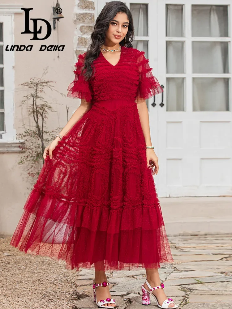 LD LINDA DELLA Summer Runway Fashion Red Mesh Dress Women Short sleeve Dot Splicing Vintage Party Long Dress Vestidos