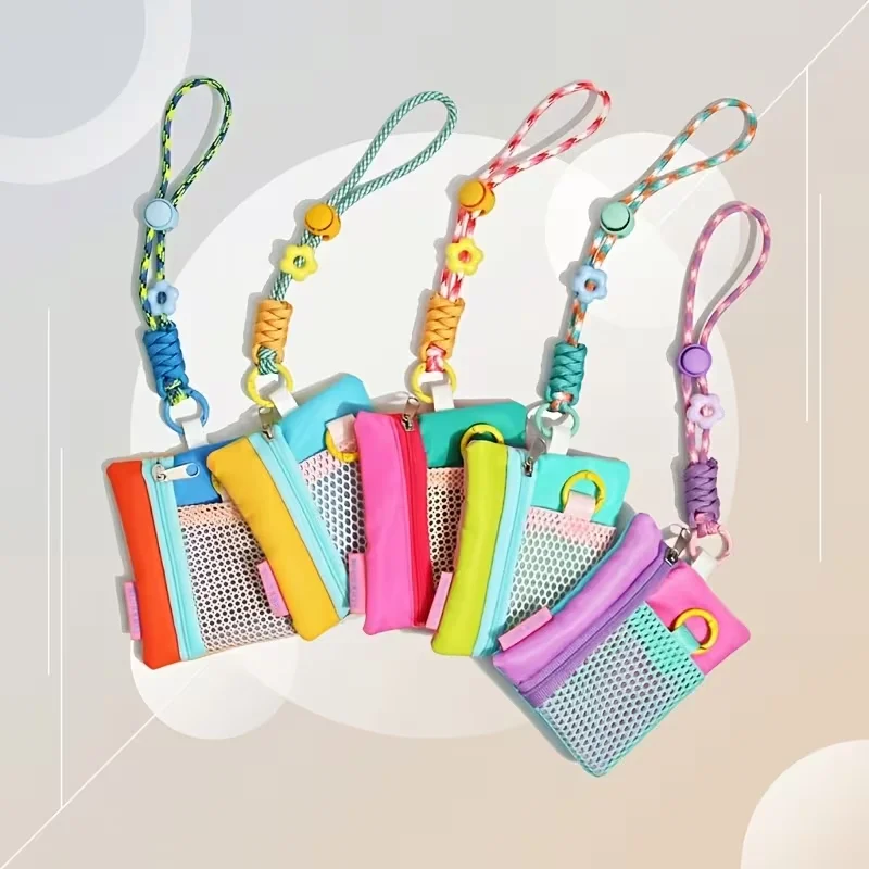 Color-Block Mesh Mini Coin Purse with Adjustable Woven Strap Portable Zippered Card Wallet Lightweight Key Pouch Random Design