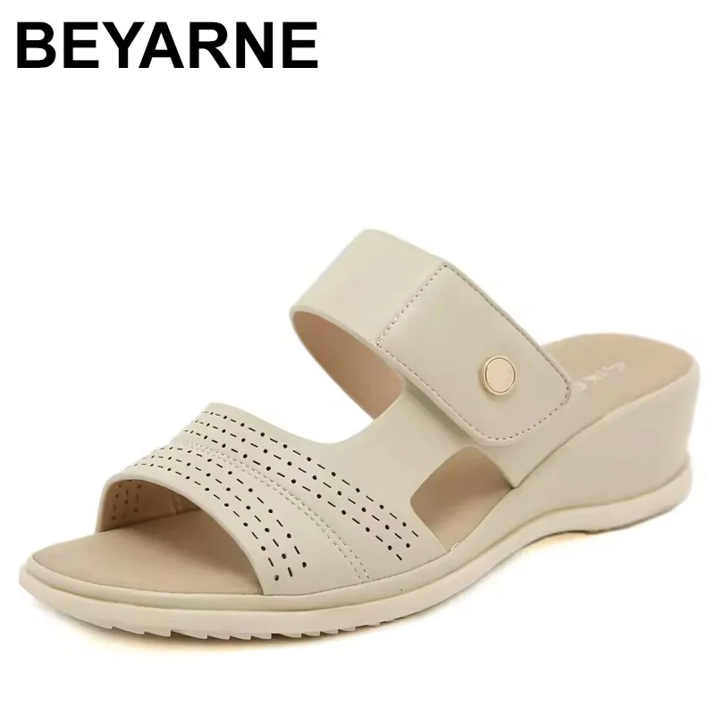 

Women's Summer Casual Metal Hollow PU Soft Non-Slip Comfort Light Beach Slippers Wedges Platform Roman Shoes