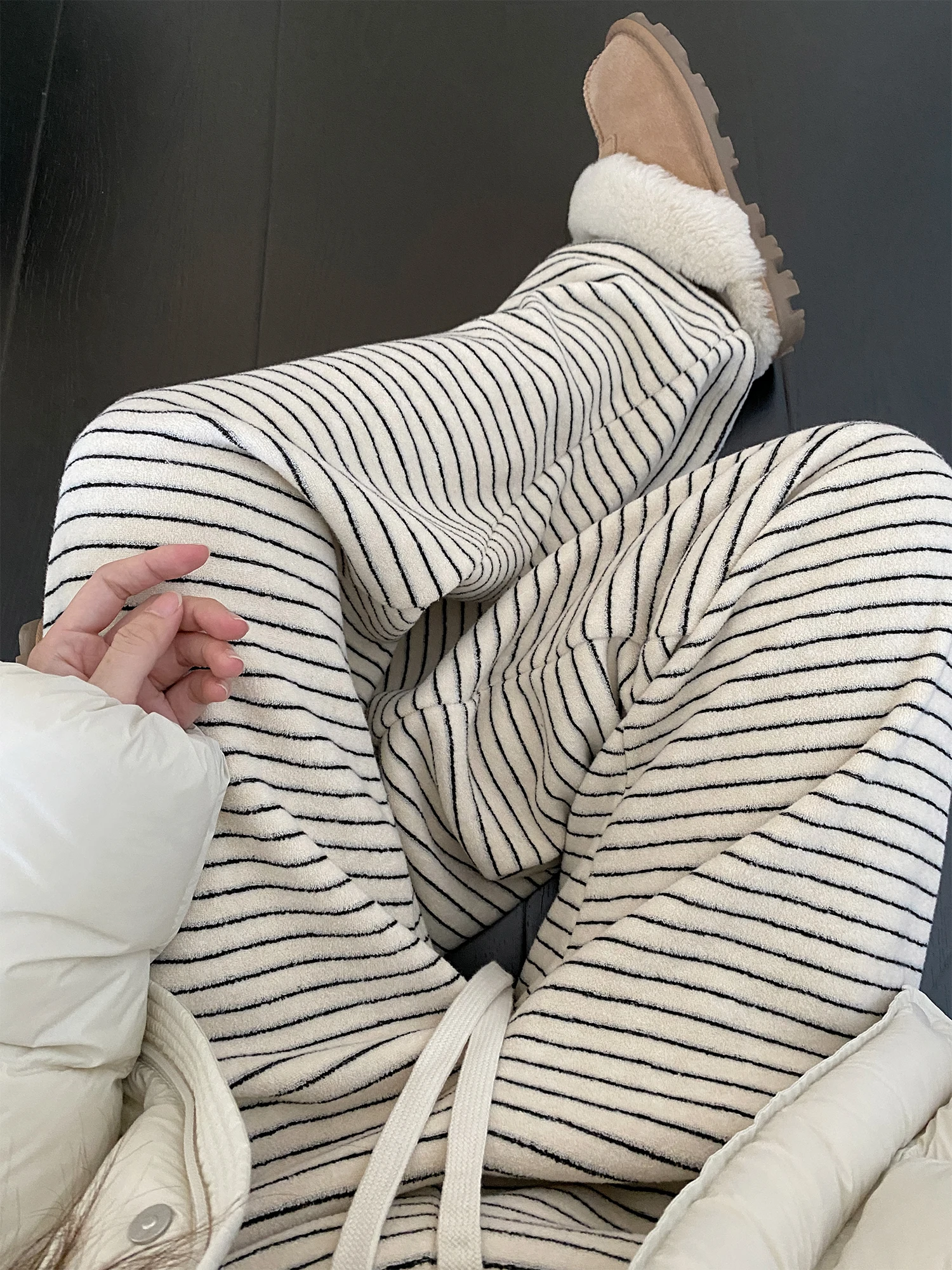 

Женские брюки SunYeo из шерсти и шелка на флисовой подкладке, повседневные, с высокой талией, широкими штанинами, в полоску, теплые зимние брюки