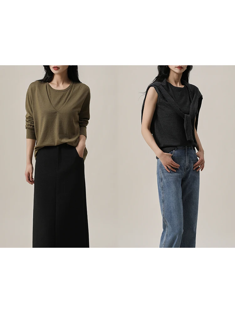 

Комплект из шерстяного вязаного свитера с V-образным вырезом и жилета MAS&JM Premium 63030, женский, модный, для повседневной носки, однотонный трикотаж