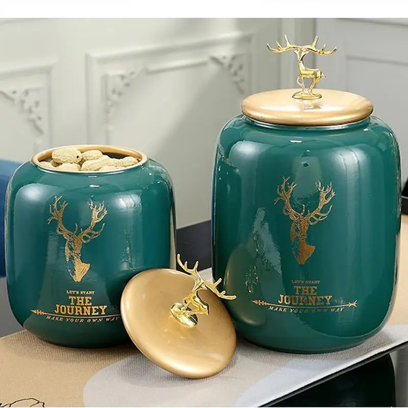 Deer Cover Ceramic Jar Storage Tea Caddy Food Candy Decorative Home Desktop Ornaments Cereal Dispenser