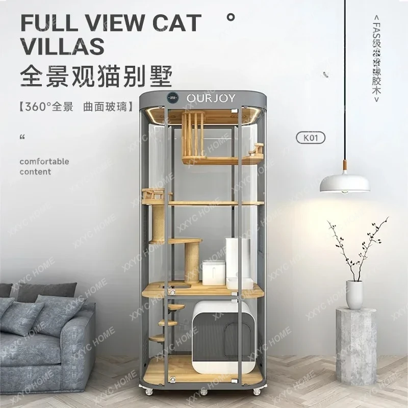 A Panoramic Cat Villa Luxury Glass Cat Cabinet Curved Fully Transparent Large Space Home Cat House