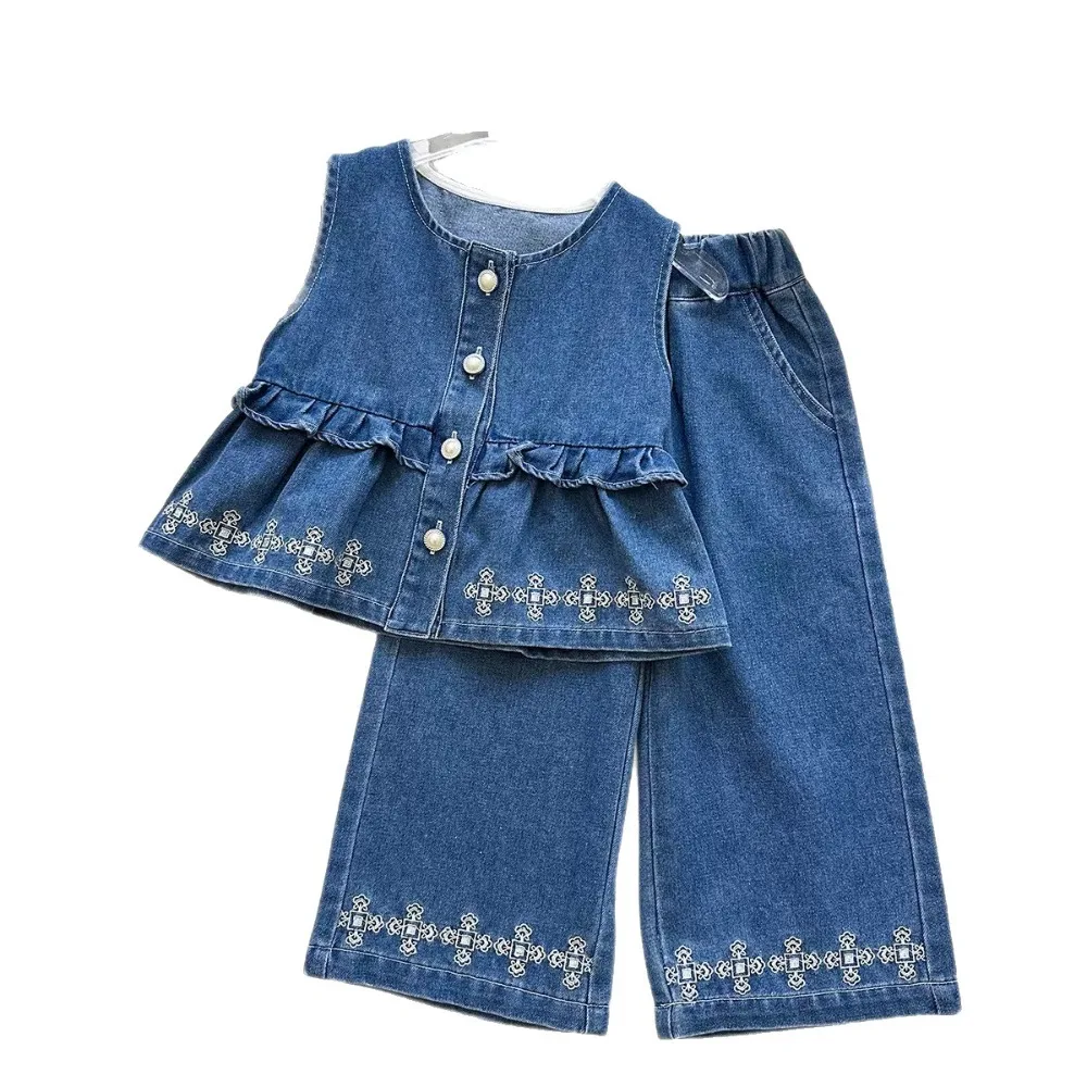 2026 Summer Girls 2Pcs Outfit, Embroidery Trim Denim Tank Top, Wide Leg Pants Trendy Kids Matching Set  for 90-150cm