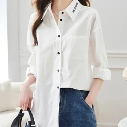 2024 Spring and Autumn Women's New Spliced Polo Collar Button Printed Letter Fashion Solid Color Loose Casual Long Sleeve Shirts