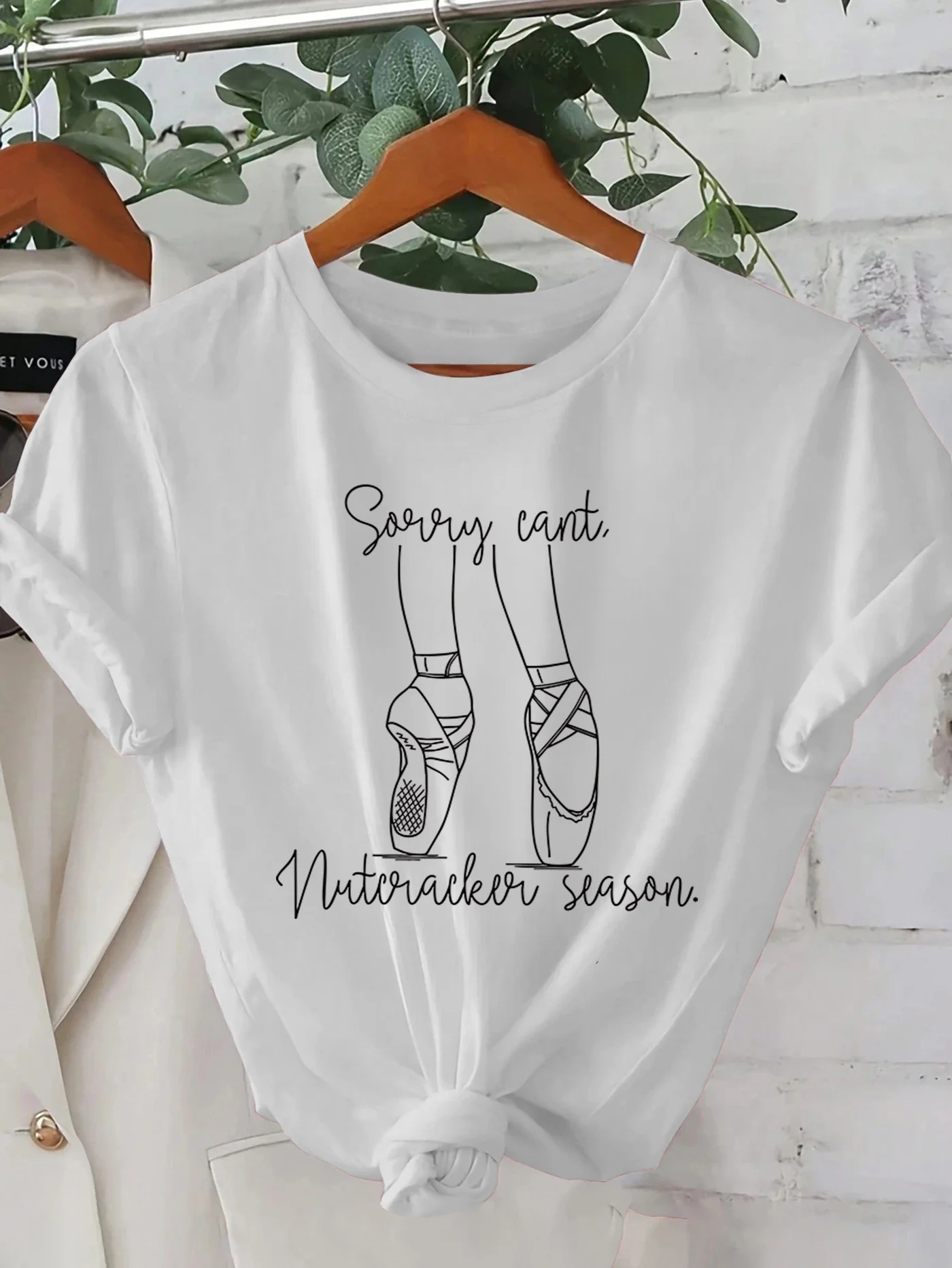 Women's ballet pointed-toe shoe pattern T-shirt with "Sorry I didn't hear" slogan print, short-sleeved top