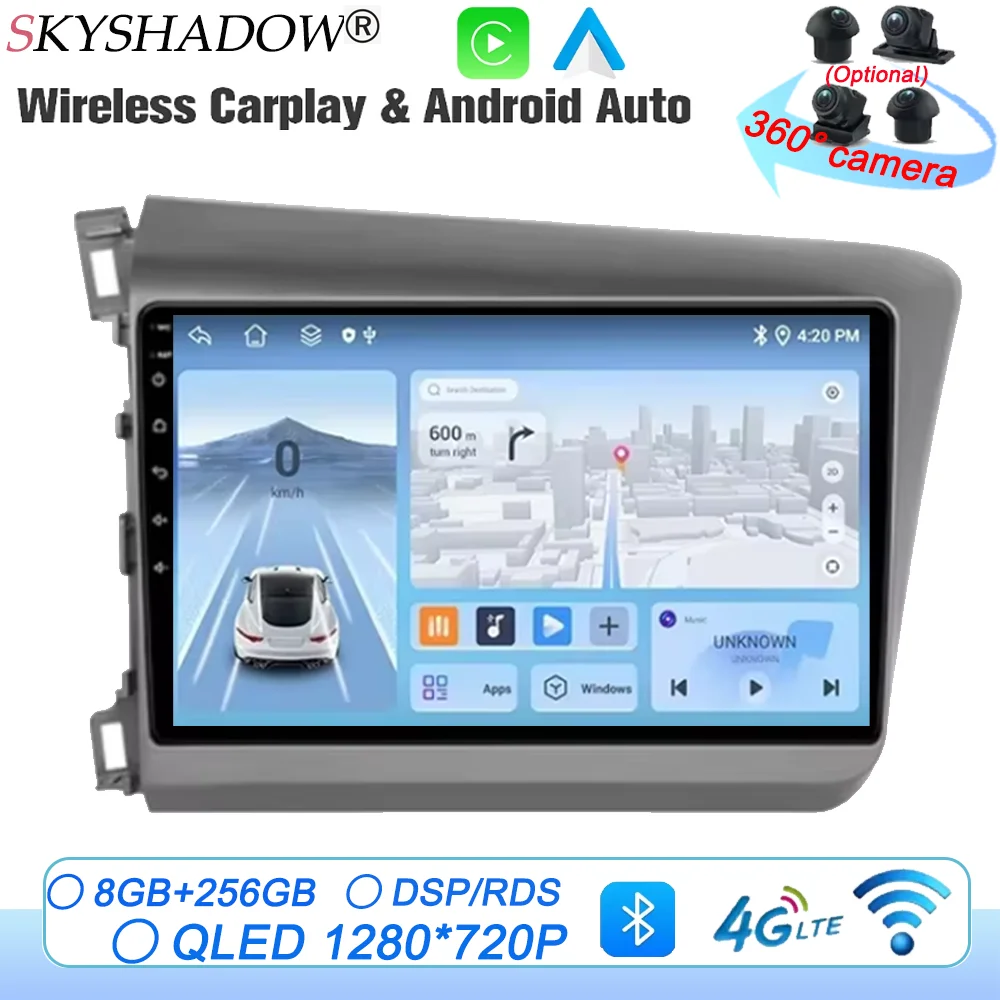 

For Honda Civic 9 2012-2015 4G WIFI NO 2 DIN Head Unit QLED Screen Android 14 Radio Multimedia Navigation Player GPS Stereo