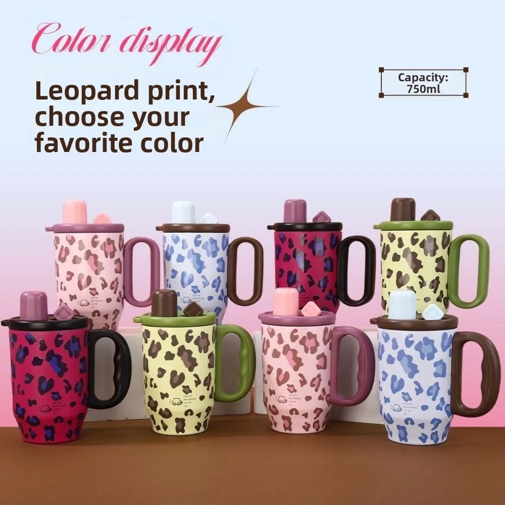 Leopard Pattern Leopard Pattern Insulated Cup Portable 750 ML Thermos Water Bottle with Handle Large Capacity Drinking Straw Cup