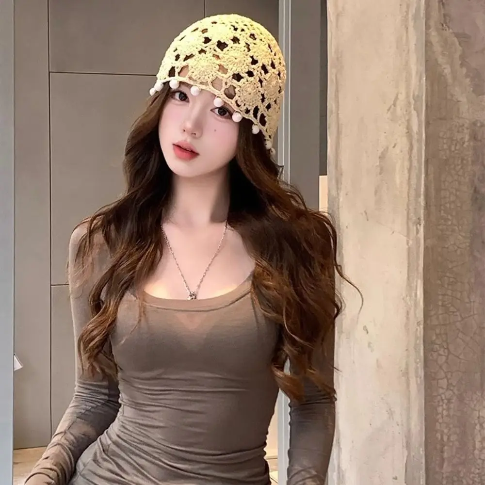 Vintage Sweet Crochet Hollow Knitted Hat Flower Beads Tassels Ethnic Style Hat Bohemian Style Hollow Out Weave Cap Outdoor